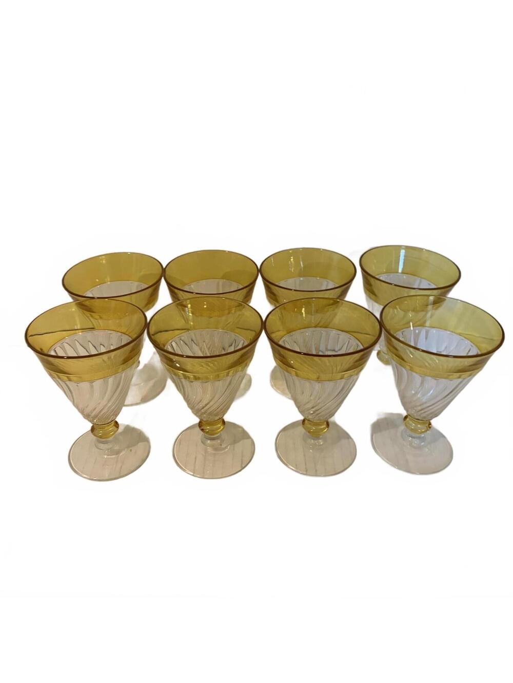 Set of 8 Vintage clear glass goblet with yellow flashed rim and base.